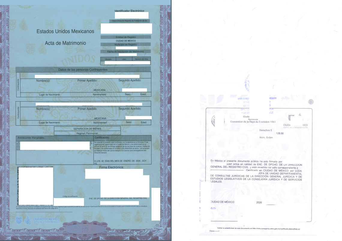 Acta de Matrimonio Ciudad de Mexiko 2026 Kurzversion Tabelle mit Apostille