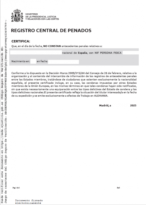 Führungszeugnis Spanien Registro Central de Penados 2025 elektronisch