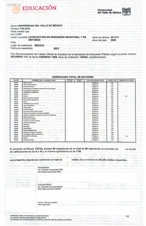 Certificado Total de Estudios * Universidad del Valle Mexico * Ingeniería Industrial * EDUCACIÓN