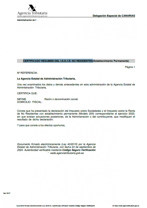 CERTIFICADO RESUMEN DE LA DECLARACIÓNI.S.S./I.R. NO RESIDENTES (Establecimiento Permanente)
