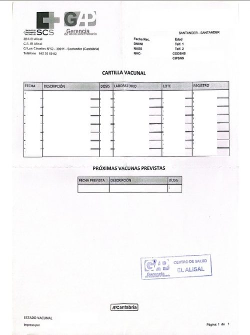 Cartilla Vacunal GAP Gerencia de Atencion Primaria, Servicio Cantabrio de Salud