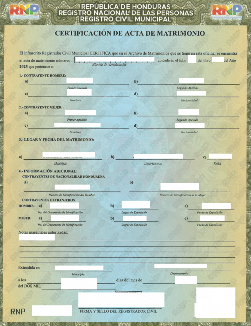Certificacion de Acta de Matrimonio Honduras 2025
