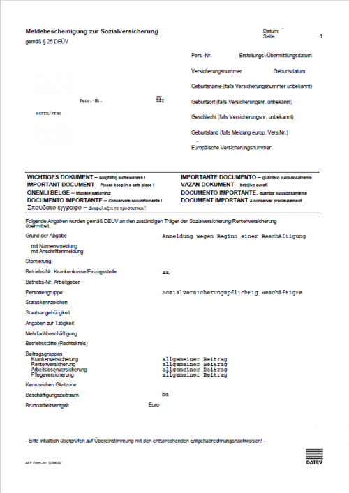 Meldebescheinigung zur Sozialversicherung gemäß § 25 DEÜV DE>ES