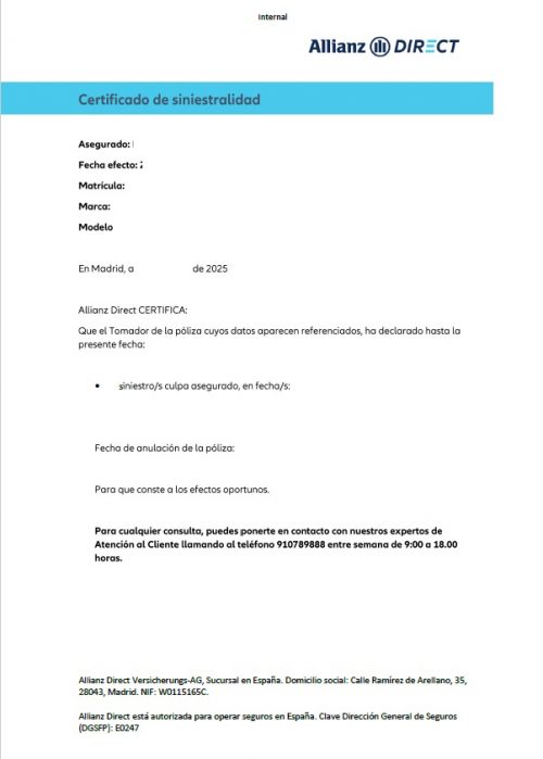 Certificado de Siniestralidad Allianz Direct