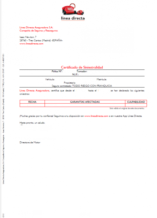 Certificado de Siniestralidad Línea Directa