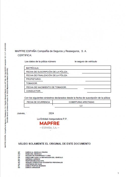Schadensverlaufsbescheinigung KFZ-Versicherung Mapfre