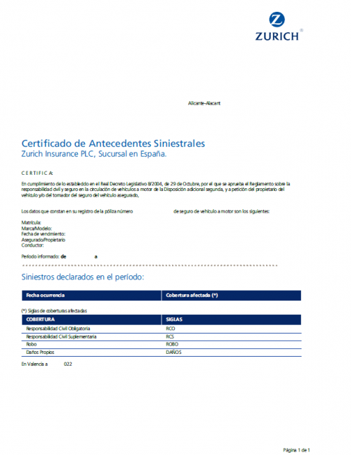 Certificado de Antecedentes Siniestrales Zurich