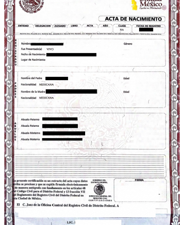 Acta de nacimiento DF