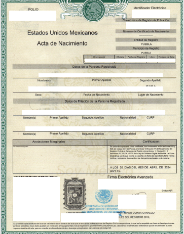 Geburtsurkunde Puebla