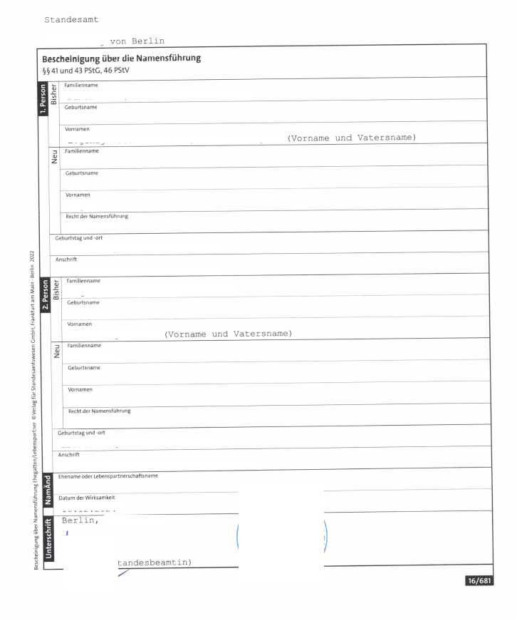 Bescheinigung über die Namensführung DE>ES