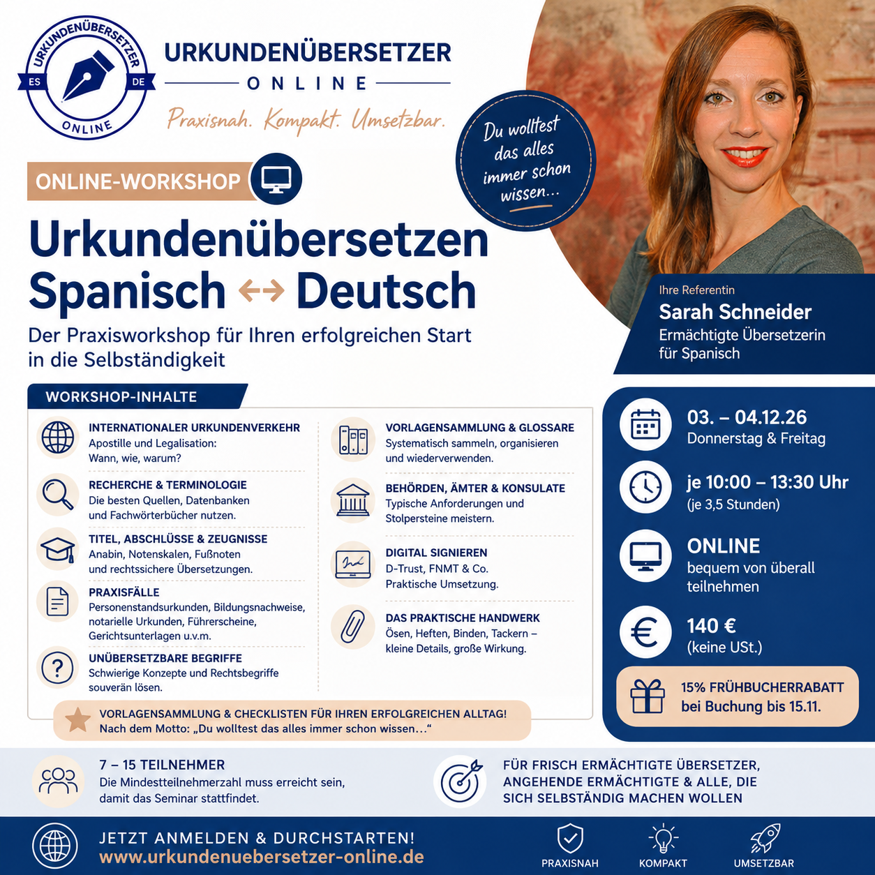 Webinar "Urkundenübersetzen Spanisch" 03./04.12.2026 | ⏰ 10:00–13:30 Uhr | 💻 Online