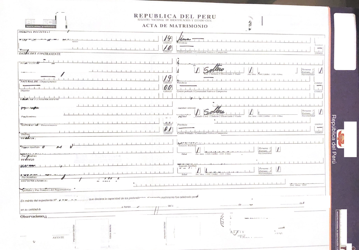 Acta de matrimonio Peru Querformat tabellarisch, Handschrift