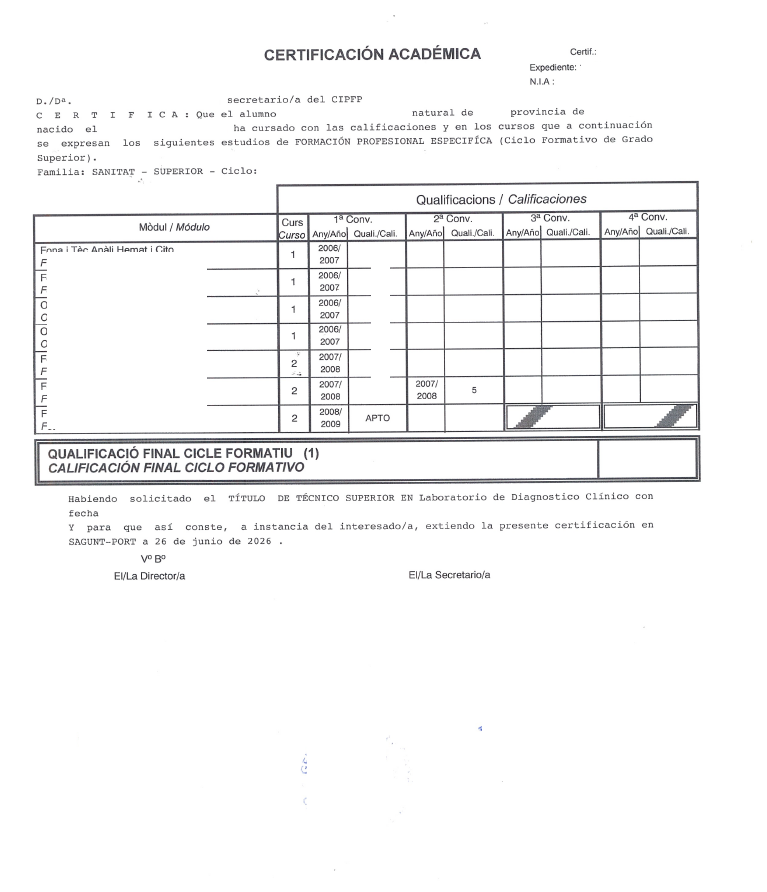 Certificado Académico FP Grado Superior Spanien Valencia