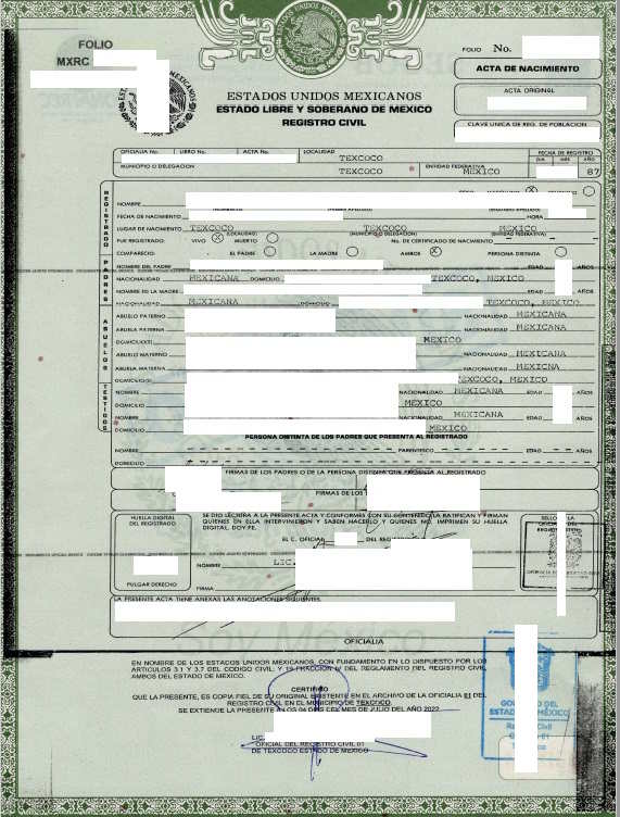 Acta de Nacimiento Bundesstaat Mexiko tabellarisch
