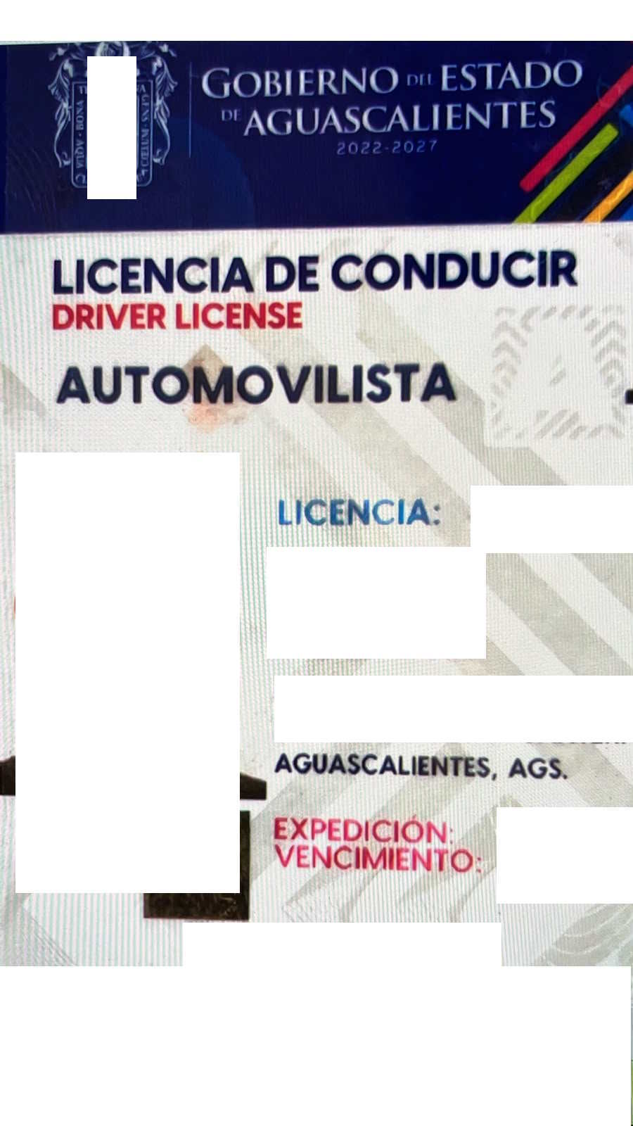 Führerschein Mexiko Aguascalientes 2022-2027 Hochformat